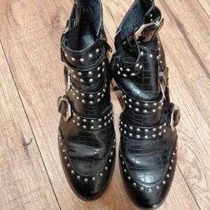 Croc-Embossed Black Studded Moto Boots